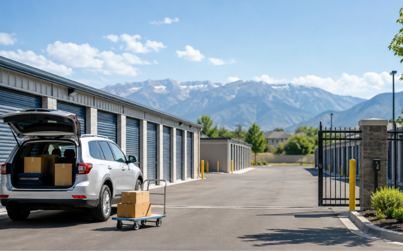 Image of car in front of storage units